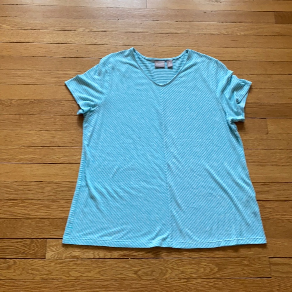 Chico’s SZ 3 like an XL Aqua and White Striped Top